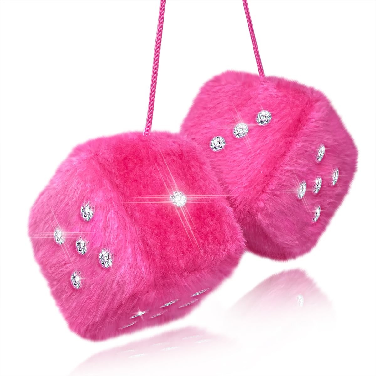 Bling Pink Fuzzy Dice with Rhinestones Dots for Rear View Mirror