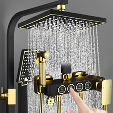 Exposed Black Gold Shower Faucet Set Rain Head Combo Shower Fixture Wall Mounted