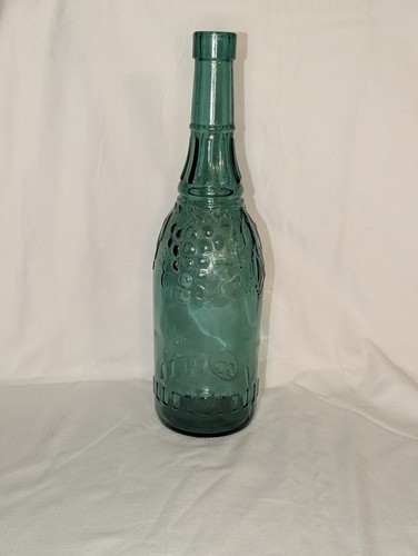 Decorative Green Glass Bottle Embossed Fruit Grapes Leaves Design Emerald 11.5" - Picture 3 of 4