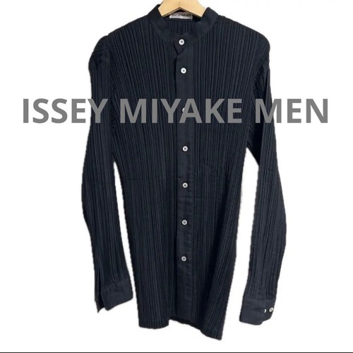 Issey Miyake Men, ISSEY MIYAKE MEN Pleated Long Sleeve Shirt Black Stand Collar Size L