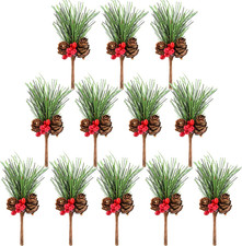 12 PCS Artificial Pine Cone Picks Decor Holly Berry Stems Picks for Christmas Fl