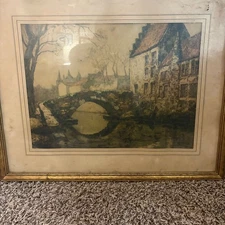 Vintage Print "The Old Stone Bridge" Signed Sandri Framed Under Glass