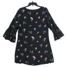 Vince Camuto Black Floral Ruffle Bell Sleeve Shift Dress Women Lined 3/4 Sleeve