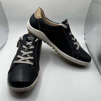 Remonte Liv 32 Leather Sneaker Navy Tan Side Zip Stripes Women's Size 10 EU 40 