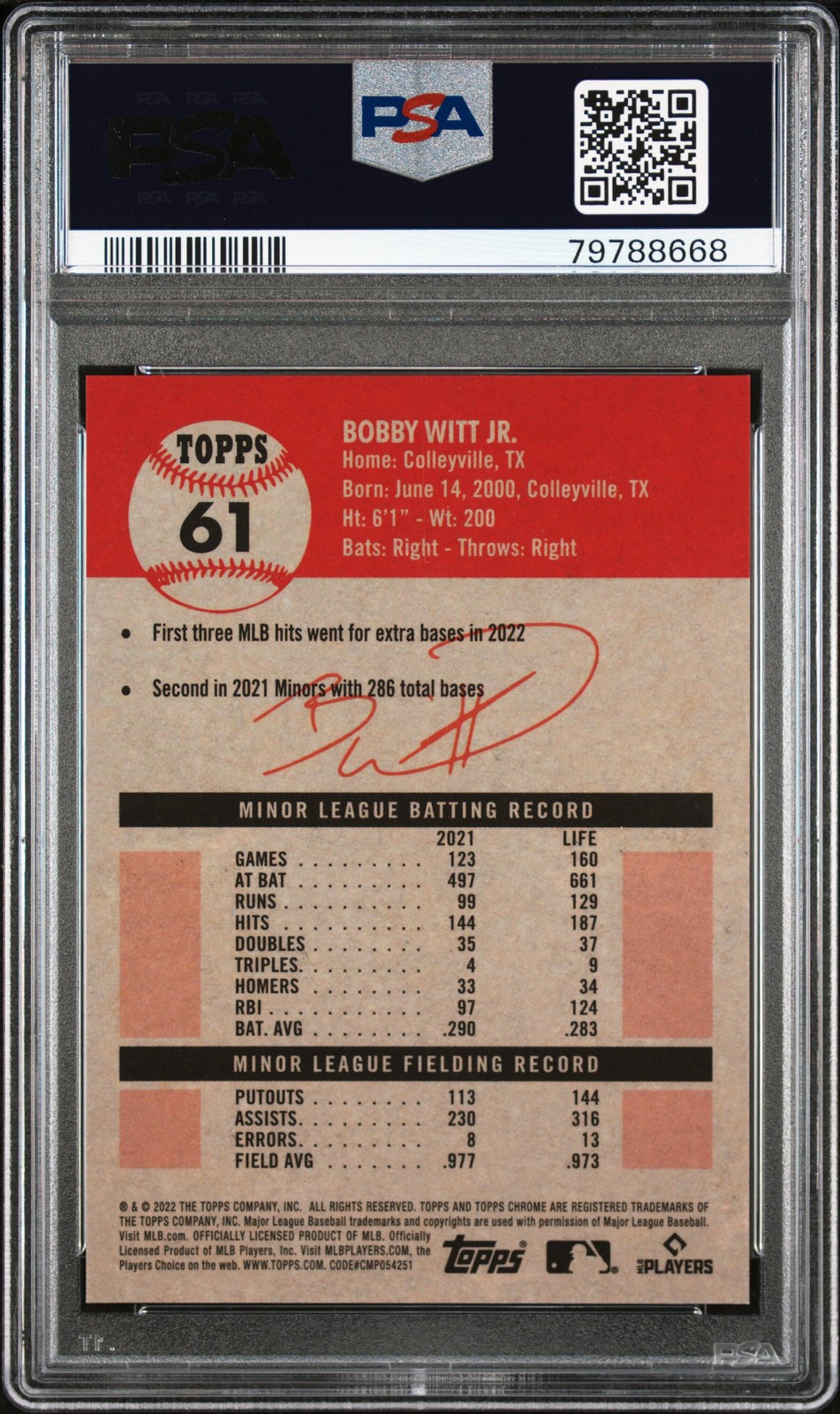 2022 Topps Chrome Platinum Anniversary #61 Bobby Witt Jr. Image Variation PSA 9 view 2