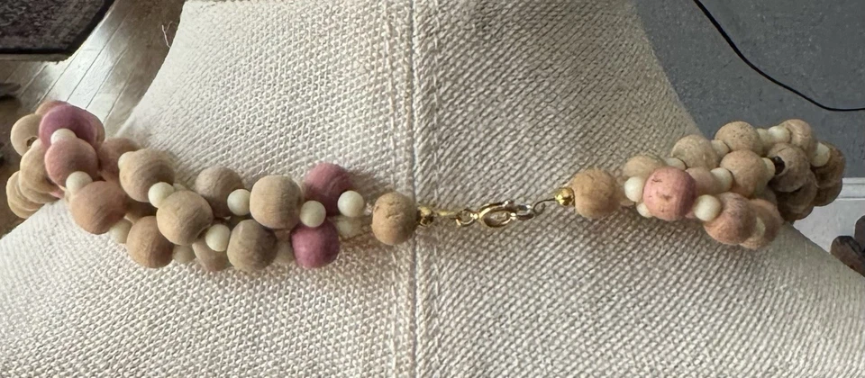 Vintage Boho Pink & Brown Wooden Bead Necklace 16” Twisted Multi Strand - Image 4 of 4