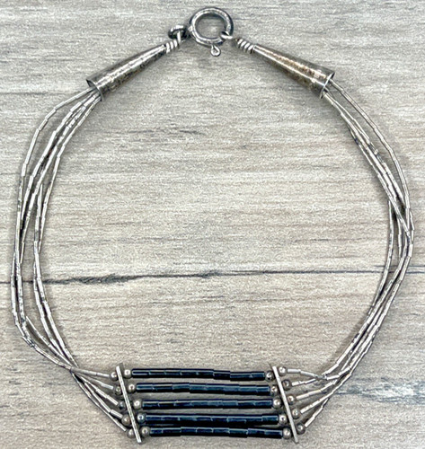 Vintage Native Navajo Liquid Sterling Silver 925 Onyx Bead 5 Strand Bracelet 3g