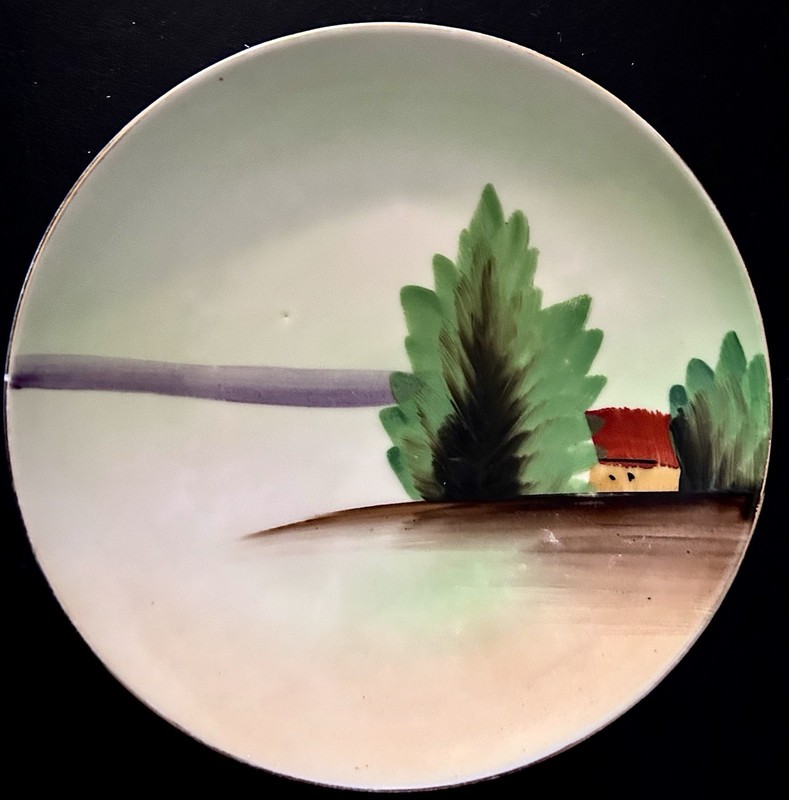 ANTIQUE 6" Meito China Dish! Hand-Painted Pine Trees & Farm House Made In JAPAN
