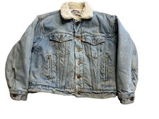 VTG Levis Jacket Size Medium Blue Denim Trucker Sherpa Distressed Orange Tab USA