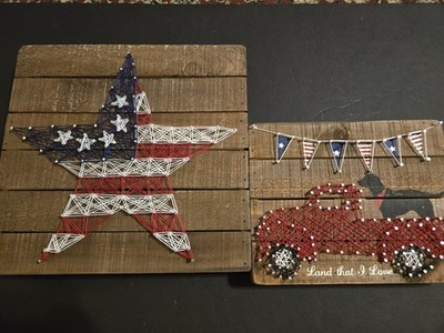 Primitives By Kathy String Art Box Sign Set/2 Patriotic- 4th Of July Star New