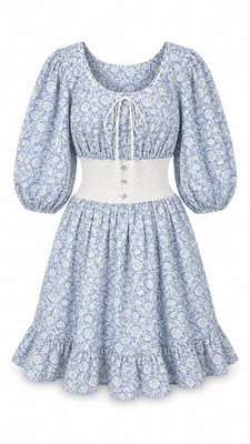 Masterpeace Blue Floral Dress Shirred Waist Puff Sleeve Cotton L Cottagecore