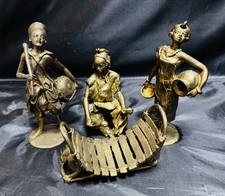 Rare African Lost-Wax Bronze Figurines; 4-Piece Burkina Faso Music &Village Life