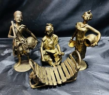 Rare African Lost-Wax Bronze Figurines; 4-Piece Burkina Faso Music &Village Life