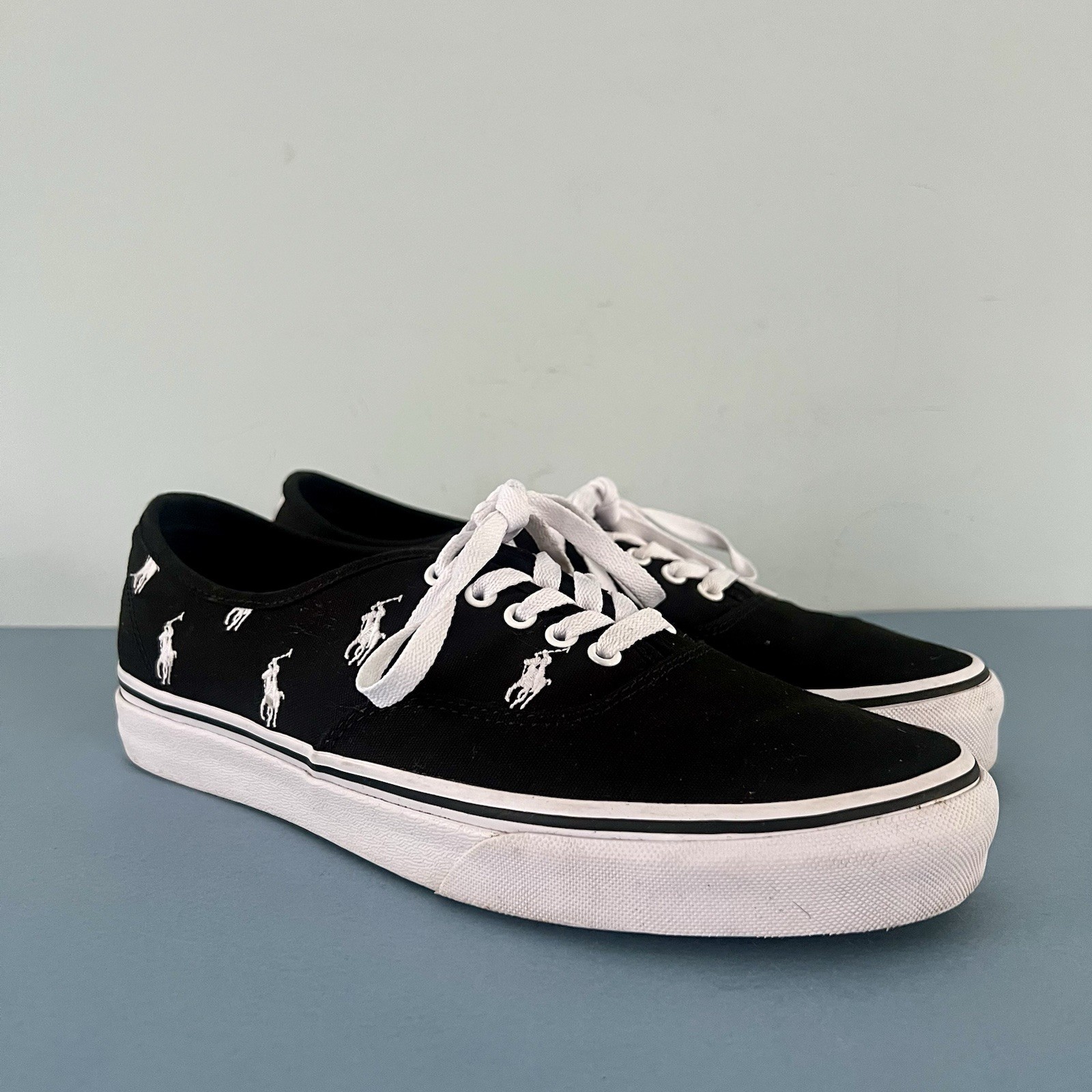 Polo Ralph Lauren Keaton Sneakers Allover Pony Ricamate Tela Nera Taglia 10