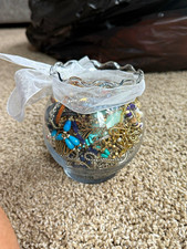 Mixed Costume Jewelry Lot in Glass Jar, Multicolor Bracelets & Necklaces, Glass