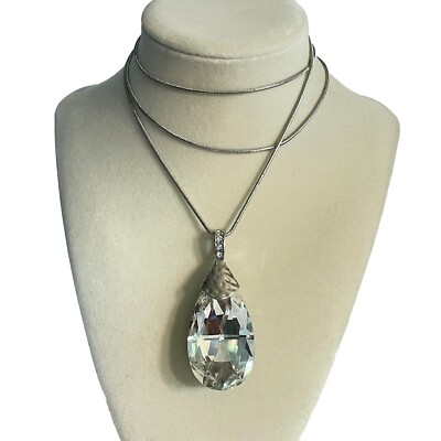 Vtg Crystal Teardrop Pendant Necklace Stainless Steel Rhinestone