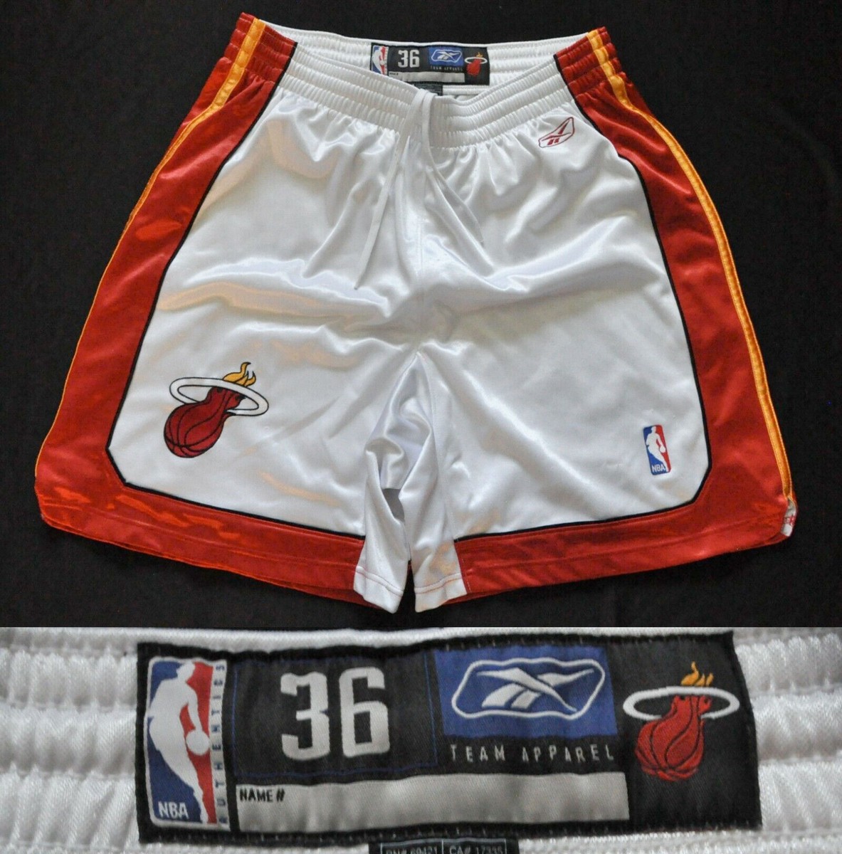 美品 NBA team usa reebokプラクティス バスケット ショーツ Miami Heat Reebok Shorts Authentic White NBA Sewn Wade LeBron Men