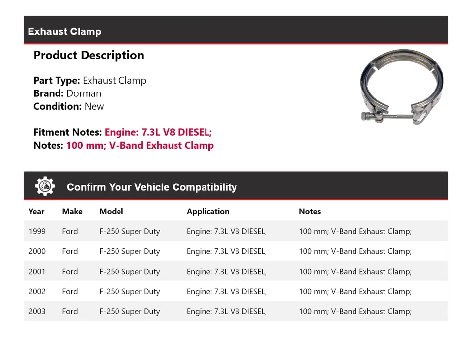 Зажим выхлопной системы 2000 для Ford F-250 Super Duty 7,3 л V8 DIESEL Dorman 1999-2003 годов выпуска - Изображение 2 из 4