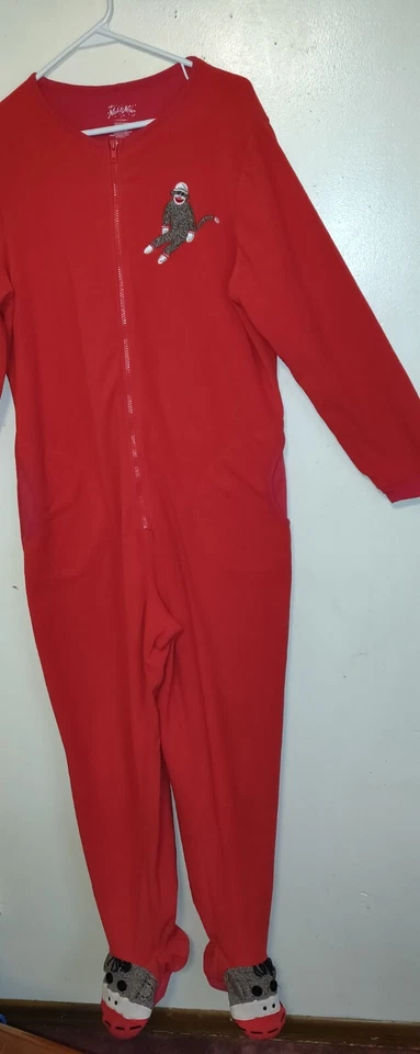 Nick & Nora Footie Fleece Red Pajamas Size Large SOCK MONKEY Zip Up Footed PJs - Image 4 of 4