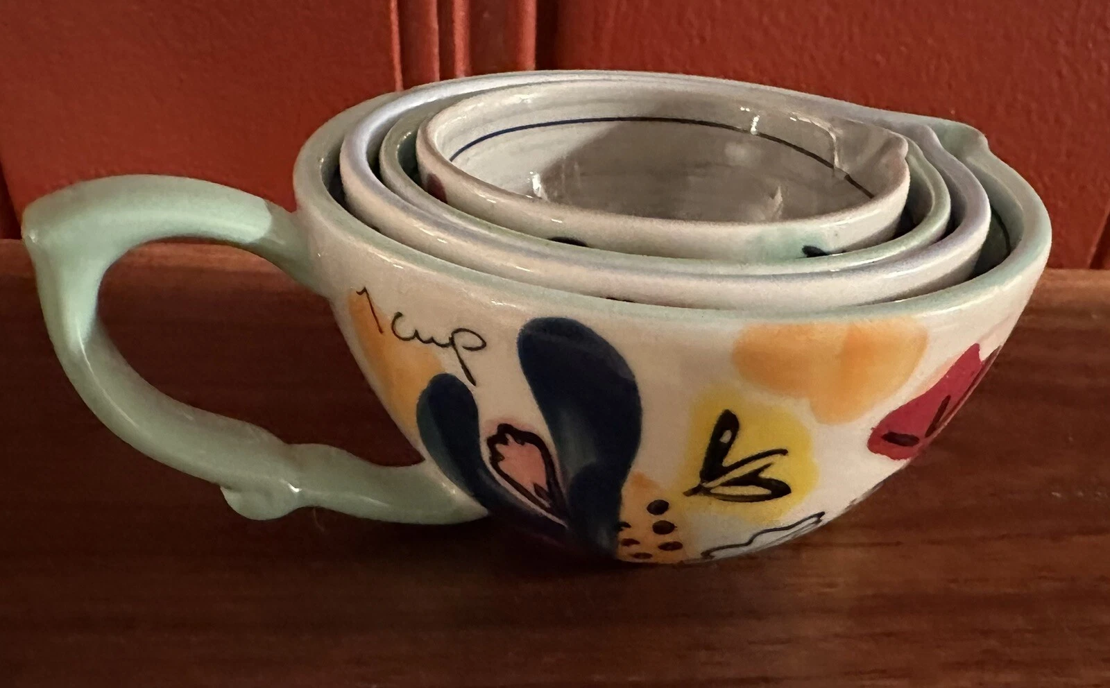 Anthropologie Set of 4 Hand Painted Floral Nesting Ceramic Milton Measuring Cups