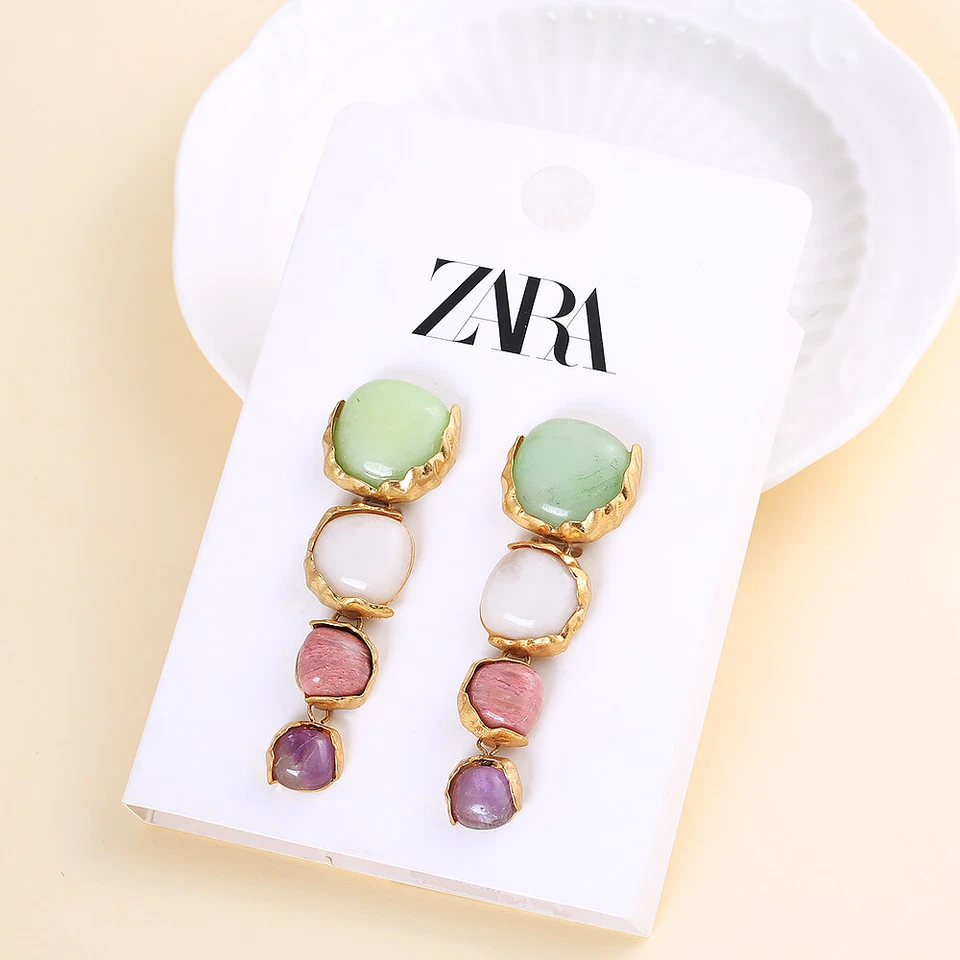 New Zara Matt gold color natural stone tassel earrings ladies party jewelry - Image 2 of 4