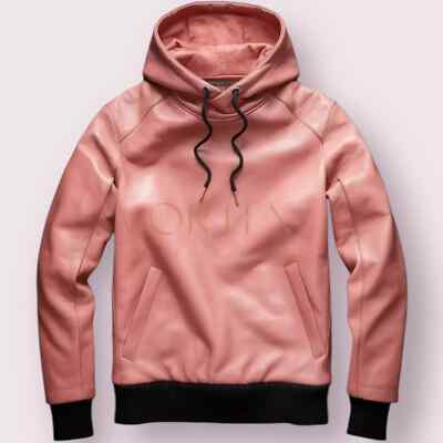 Men's Premium Pink Leather Hoodie Lambskin Leather Hoodie Classic Style