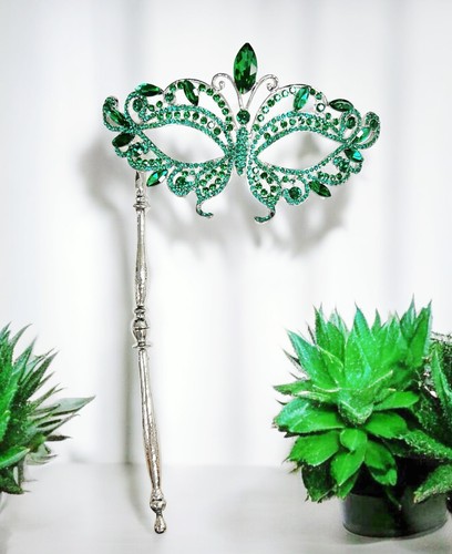Masquerade Mask with Stick, Wedding Party Silver Mask, Prom Green Crystal Mask - Picture 7 of 7