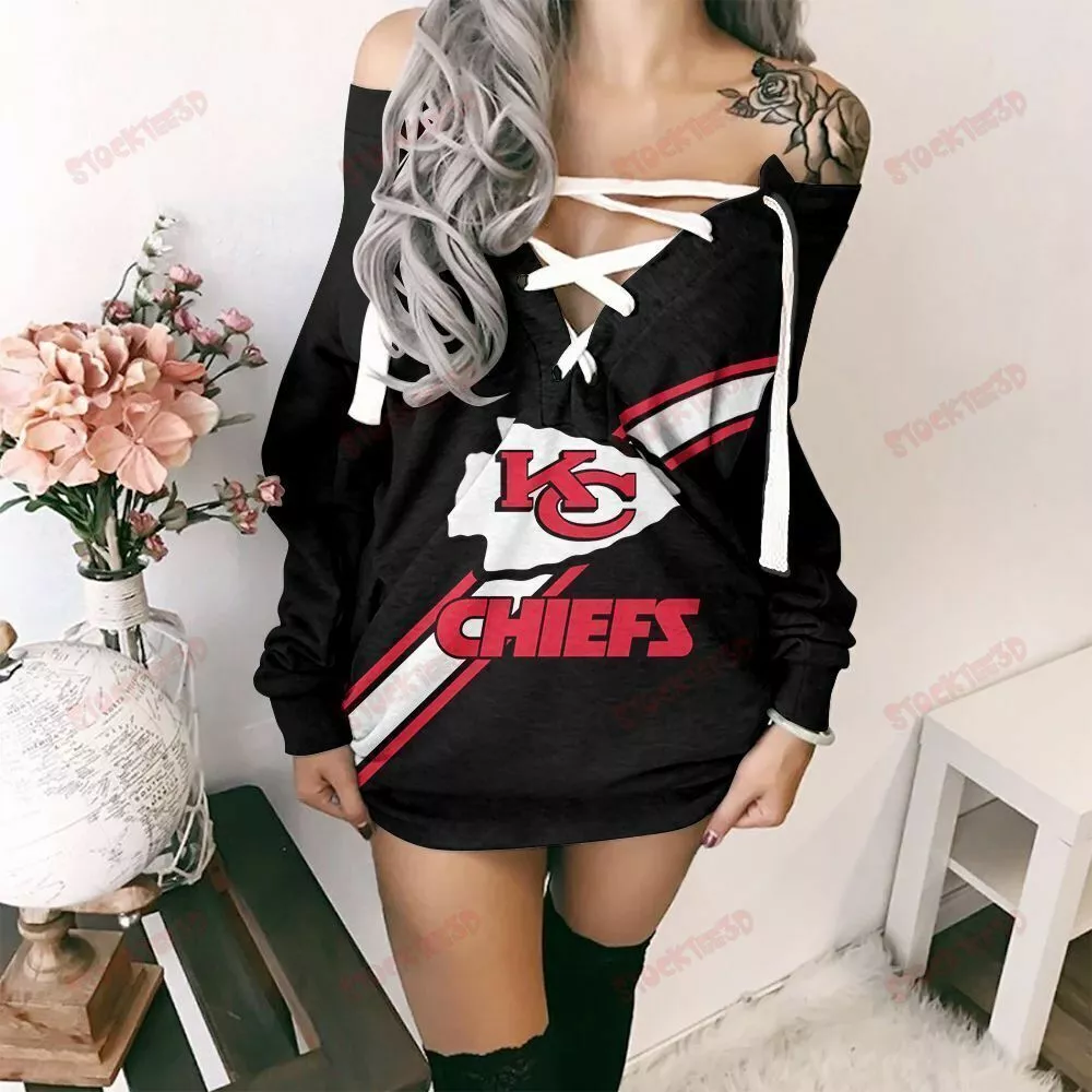 Kansas City Chiefs Women Lace up V-Neck Sweatshirt Off Shoulder Dress Mini  Dress