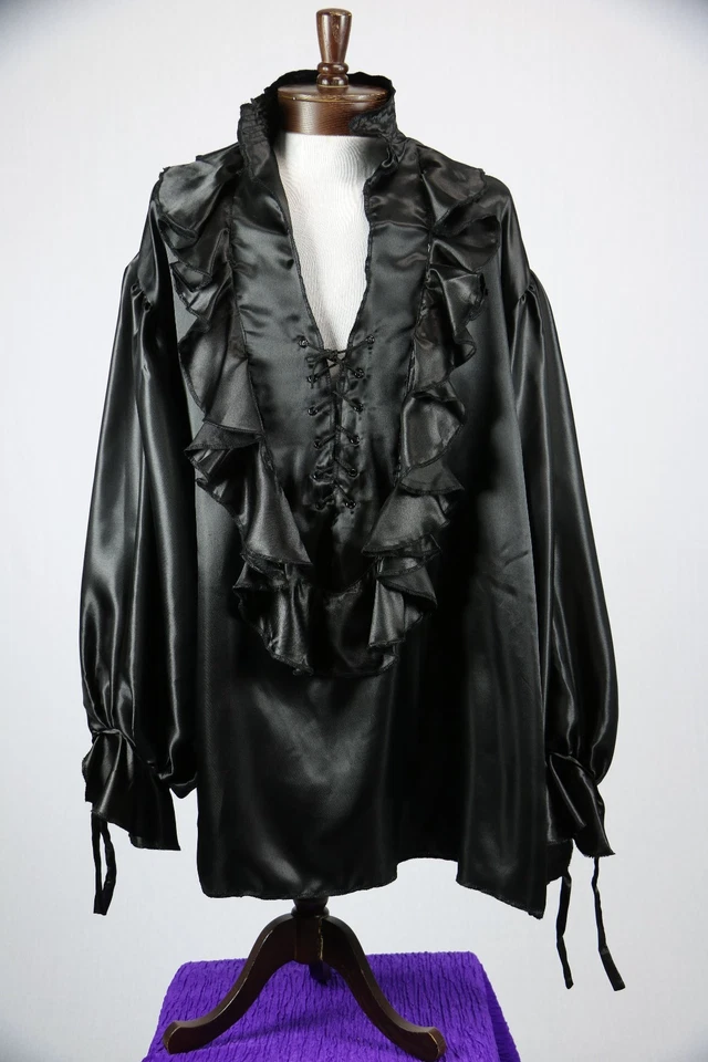 Camisa Pirata Poli Satén Volantes Frontal Con Cordones Para Hombre Elegante Disfraz Camisa Foto 3 de 4