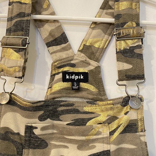Kidpik Girls Camo Green Overalls Large 12 Youth Crop Gold Rolled Hem Adjustable - Picture 3 of 9