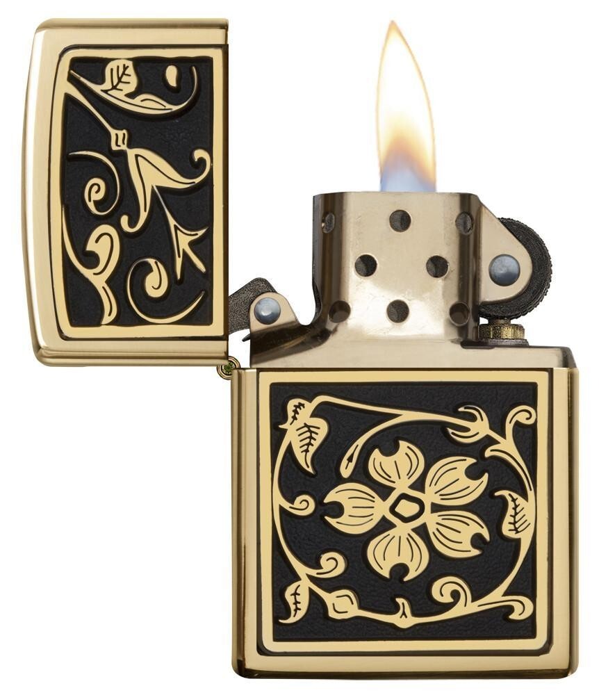 happy❁︎favori Gold Floral Flush Emblem Brushed Brass Zippo