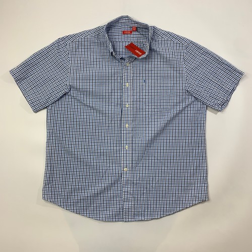 IZOD Shirt Mens XL Extra Large Blue White Short Sleeve Gingham Cotton Collared - 第 2/10 張圖片