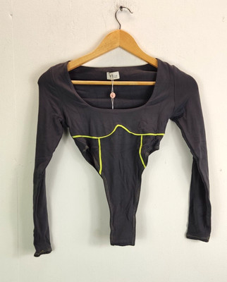 oh polly womens bodysuit dark grey & lime square neck long sleeve size 8 