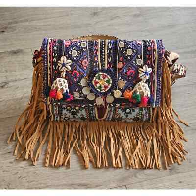 Boho Embroidered Multicolor & Brown Leather Shoulder Bag Weekender Bag in Natural Tan Leather and Hand Made Huipil  main image 3