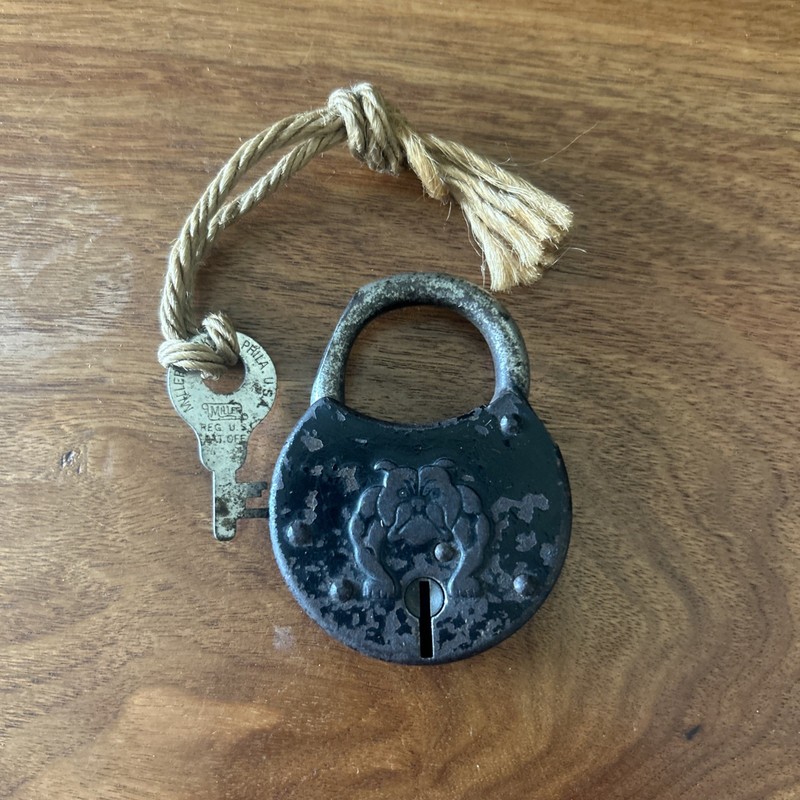 ANTIQUE BRASS BULL DOG MILLER LOCK CO PADLOCK PAD LOCK with Key