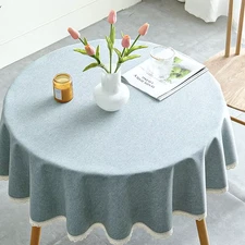 1pc Waterproof and Oil-Proof Round Table Cloth with Lace Edge,Nordic Style Solid