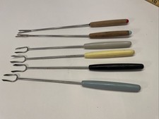 6 Vintage MCM Stainless Steel Fondue Forks Mix Of Wood & Plastic Handles