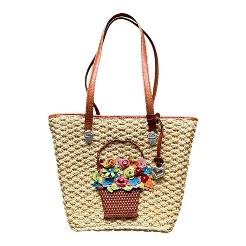 Brighton Straw Woven Tote Bag 3D Leather Flower Basket Heart Charm EUC