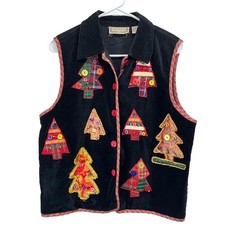 Vintage Life Style Womens Christmas Embroidered Cotton Button Velvet Vest Large