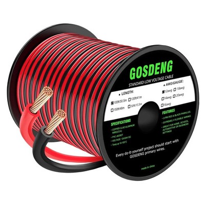 12 Gauge Wire 100FT, 2 Conductor Electrical Cable - Red and Black, Low Voltage