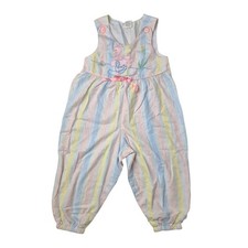 Vintage 80s 90s Pastel Seersucker Swan Romper Jumpsuit Kidcore 24 Months