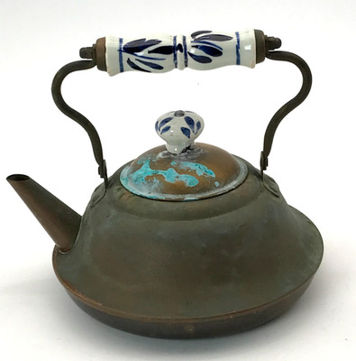 Vintage Copper Tea Kettle Pot White and Blue Porcelain Ceramic Handle DAMAGED