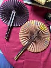 Antique Victorian Cockade Fan Hand Painted Floral Paper Fan with Original Leathe