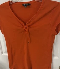 Lauren By Ralph Lauren Short Sleeve Top - Orange - XL 100% Cotton 