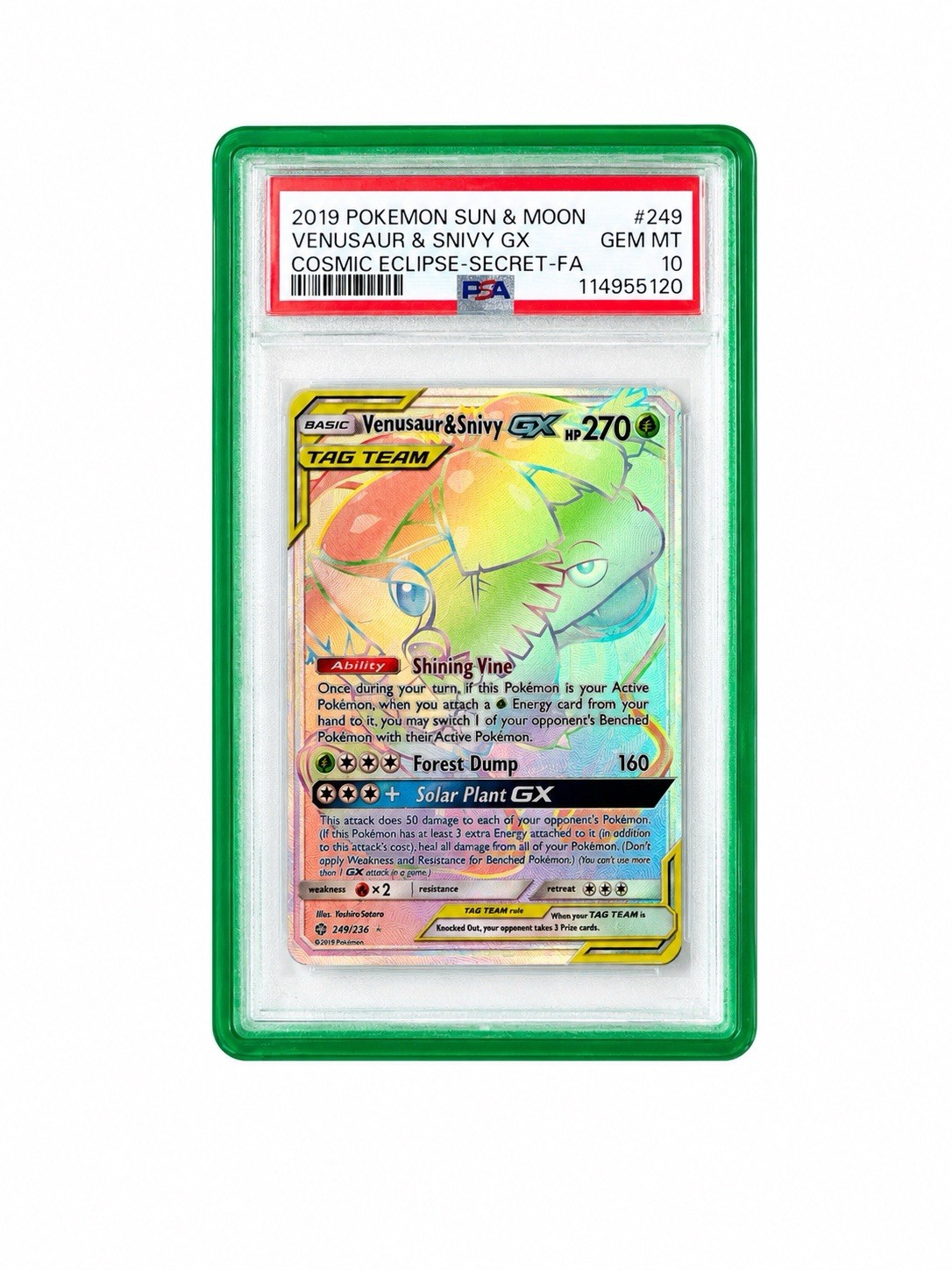 2019 Pokémon Sun & Moon Cosmic Eclipse Venusaur & Snivy GX 249/236 PSA 10 GM