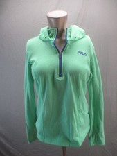 Fila Size L Women Green Fleece Drop Tail 1/4 Zip Hodded Activewear Pull Over 477