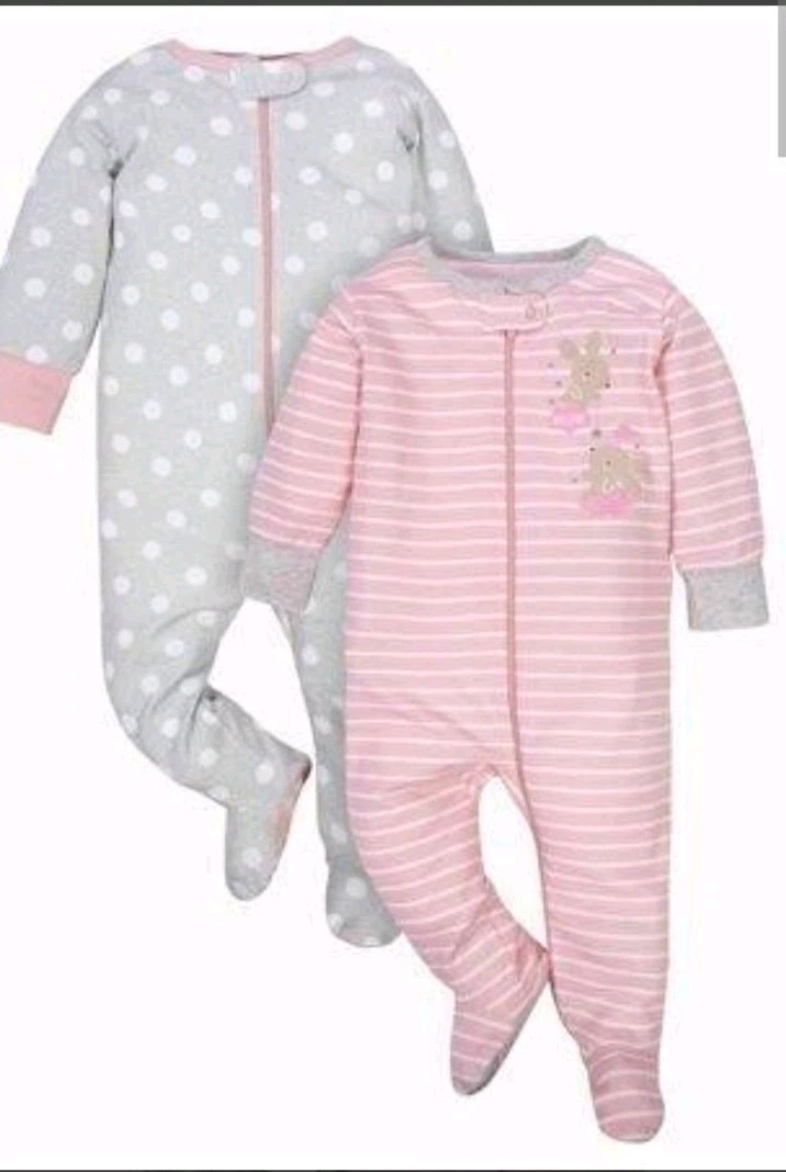 Baby Girls 0-3 Months 2pc Footed Zip Sleepers Long Sleeve Pink/Gray/White