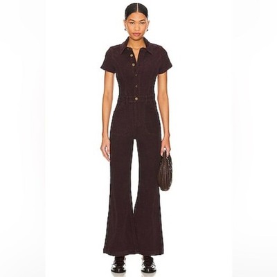 Rolla s Corduroy Jumpsuit Burgundy 70s Retro Wide Leg Utility Boho Chic