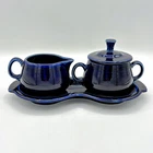 Fiesta Ware Cobalt Blue Cream & Sugar w/Lid & Underplate little f Vintage USA