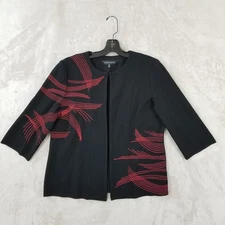 Ming Wang Petite Black Knit Sweater Black Embroidered Open Front Career Office